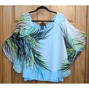 Rafaella Flutter Short Sleeves Blue Tank Underneath Size XL Semi Sheer Fabric